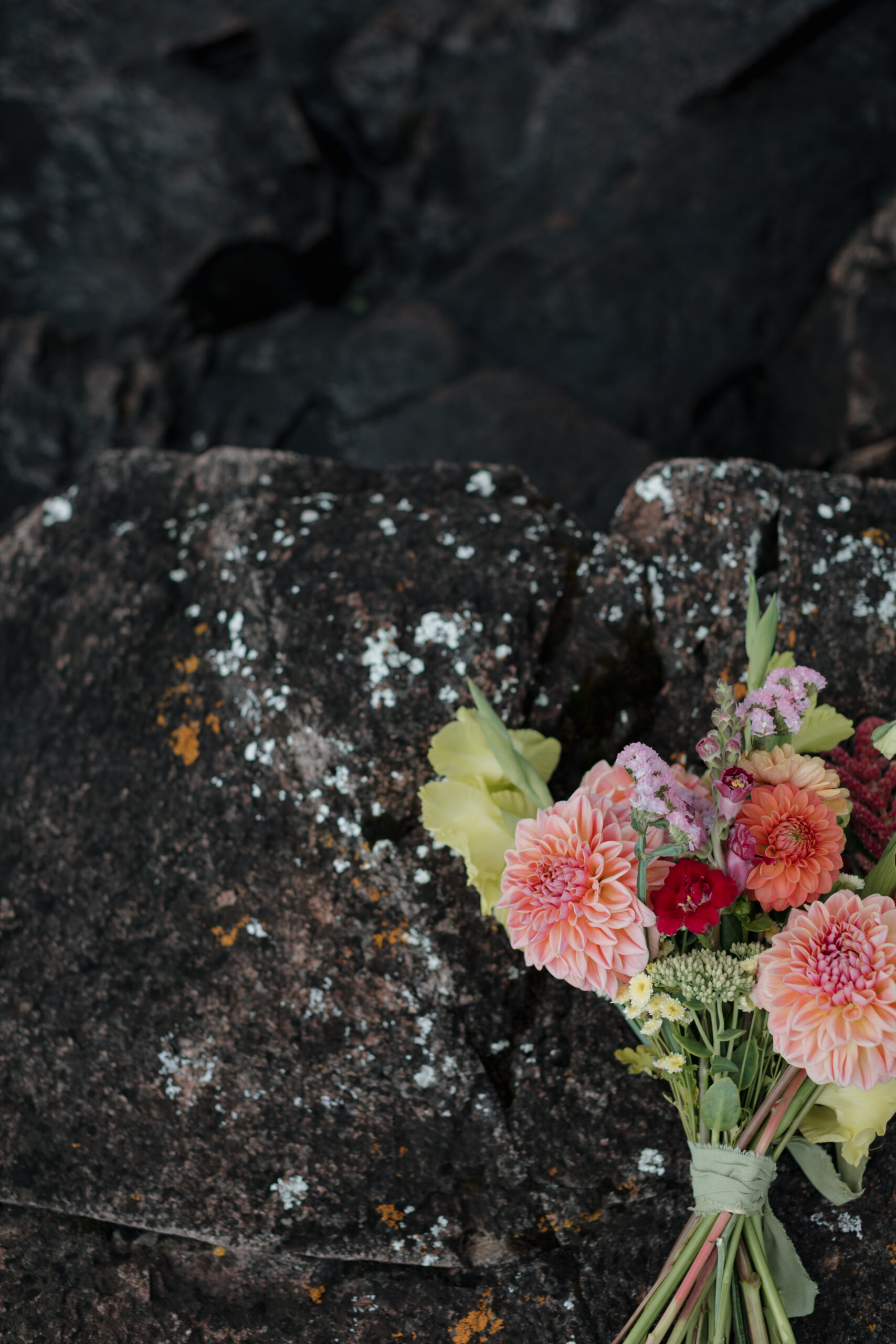 a bouquet of colorful flowers on top of a rock 