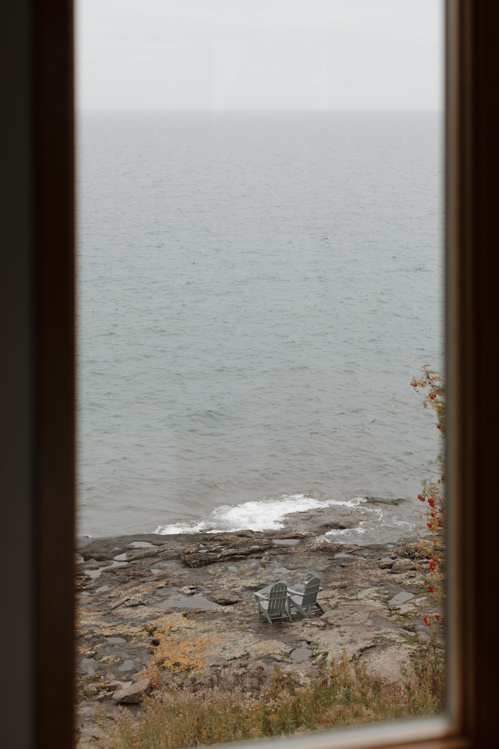 a view from the window of a cabin at bluefin bay in tofte mn of lake superior 
